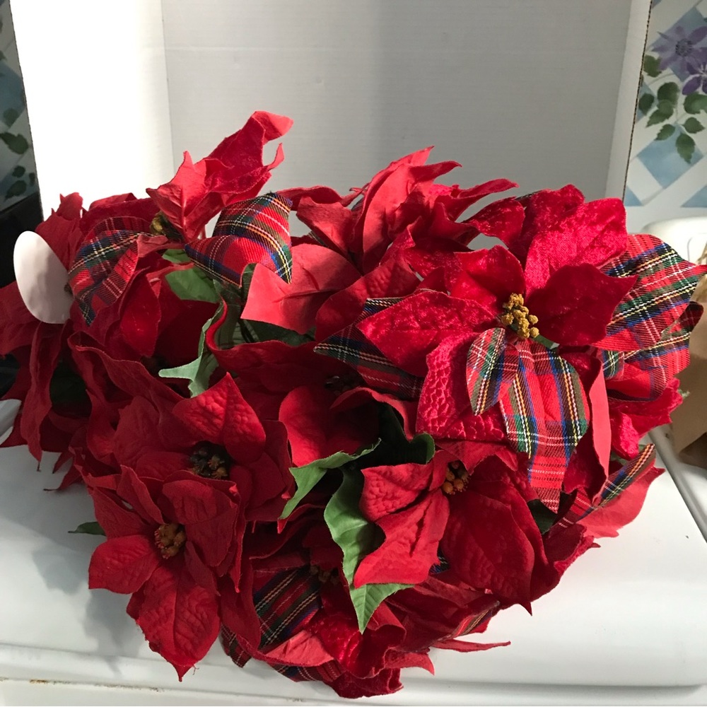 Red silk poinsettia foliage for indoor or outdoor holiday decoration